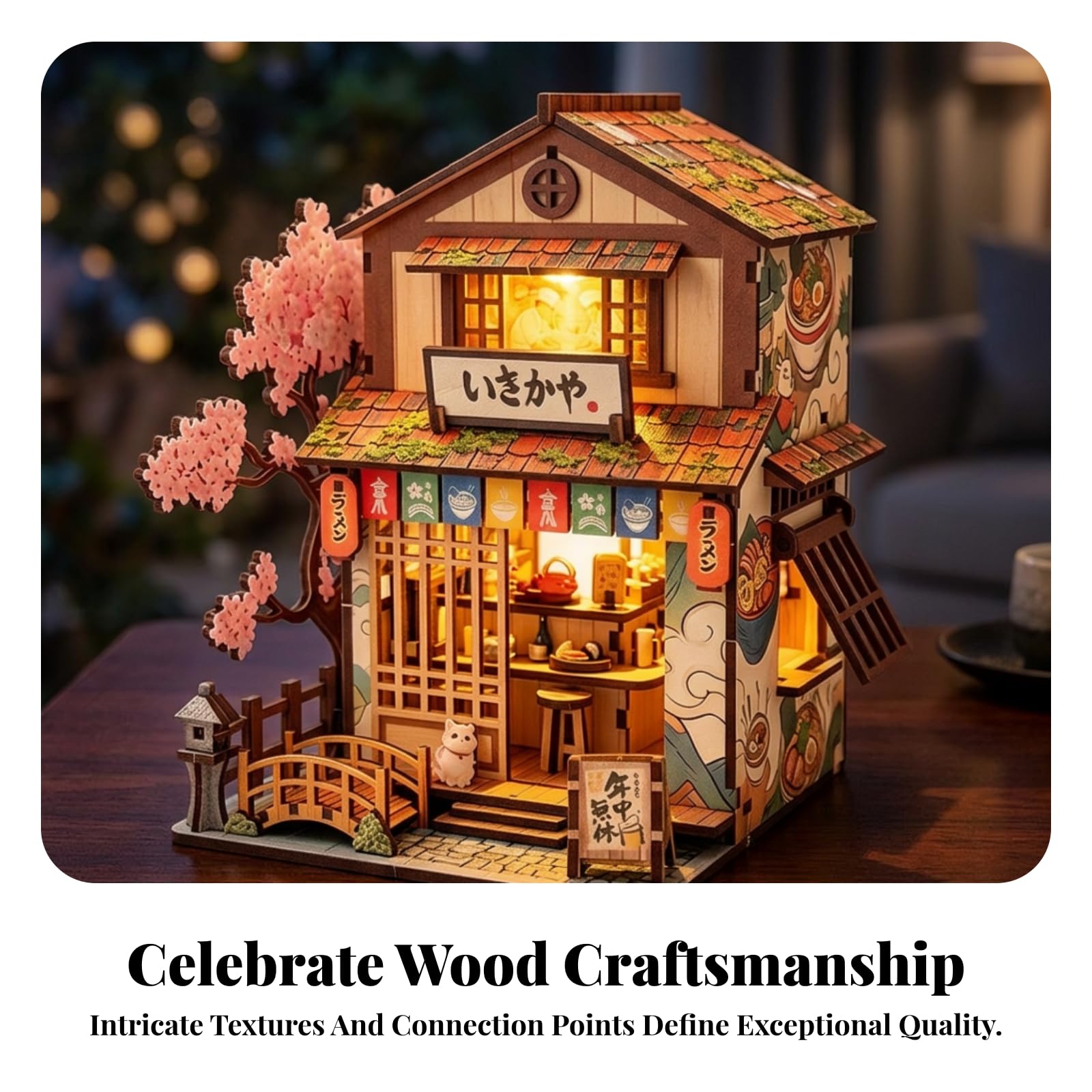 Miniatura Edificio Blocchi Costruzione Kit Modello Casa Vetrina Ornamento Tavolo Illuminazione Calda Legno con Tetto a Strati Finestre a Porta Insegna