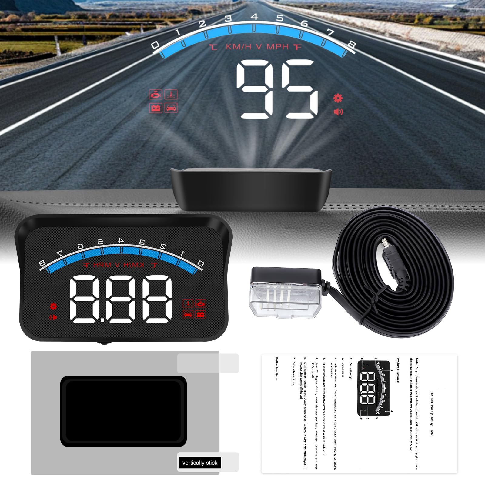 KAOLALI M6S Coche Heads-up Display, OBD2 Velocímetro Coche MPH, Parabrisas Proyector, Pantalla de 3,5 Pulgadas, con La Velocidad MPH, Pantalla de Temperatura del Agua Alerta de Seguridad de Velocidad