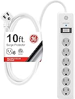 GE 6-Outlet Surge Protector Power Strip, 10ft Extension Cord, 800 Joules, Flat Plug, Safety Covers, White 14092