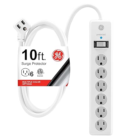 GE 14092 6-Outlet General Purpose Surge Protector, 800 Joules, 10ft Cord, White, with Twist to Lock Safety Covers and Connected Equipment Warranty