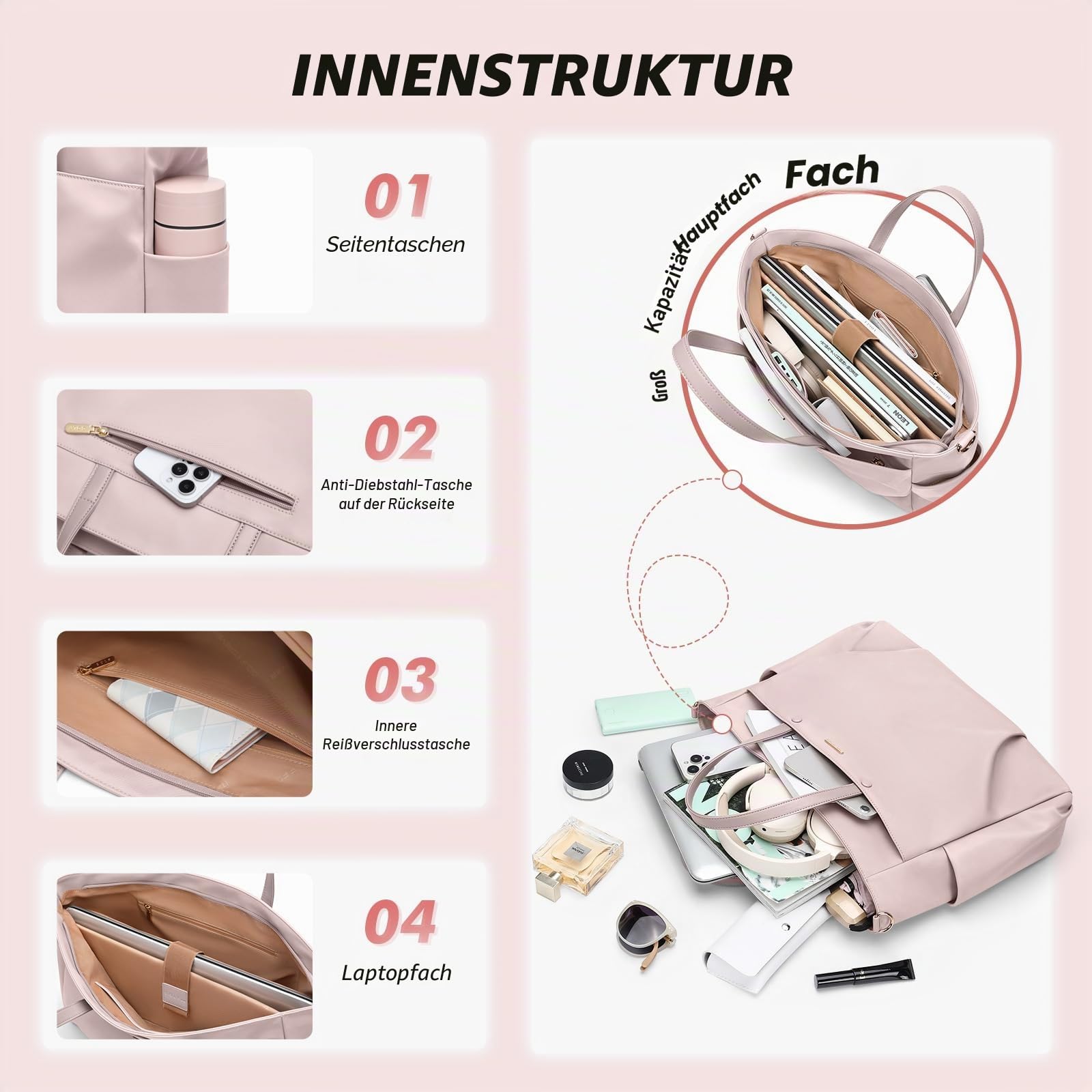 GOLF SUPAGS 14 Zoll Laptop Umhängetasche für Damen, Arbeit und Reisen (Rosa Grau)
