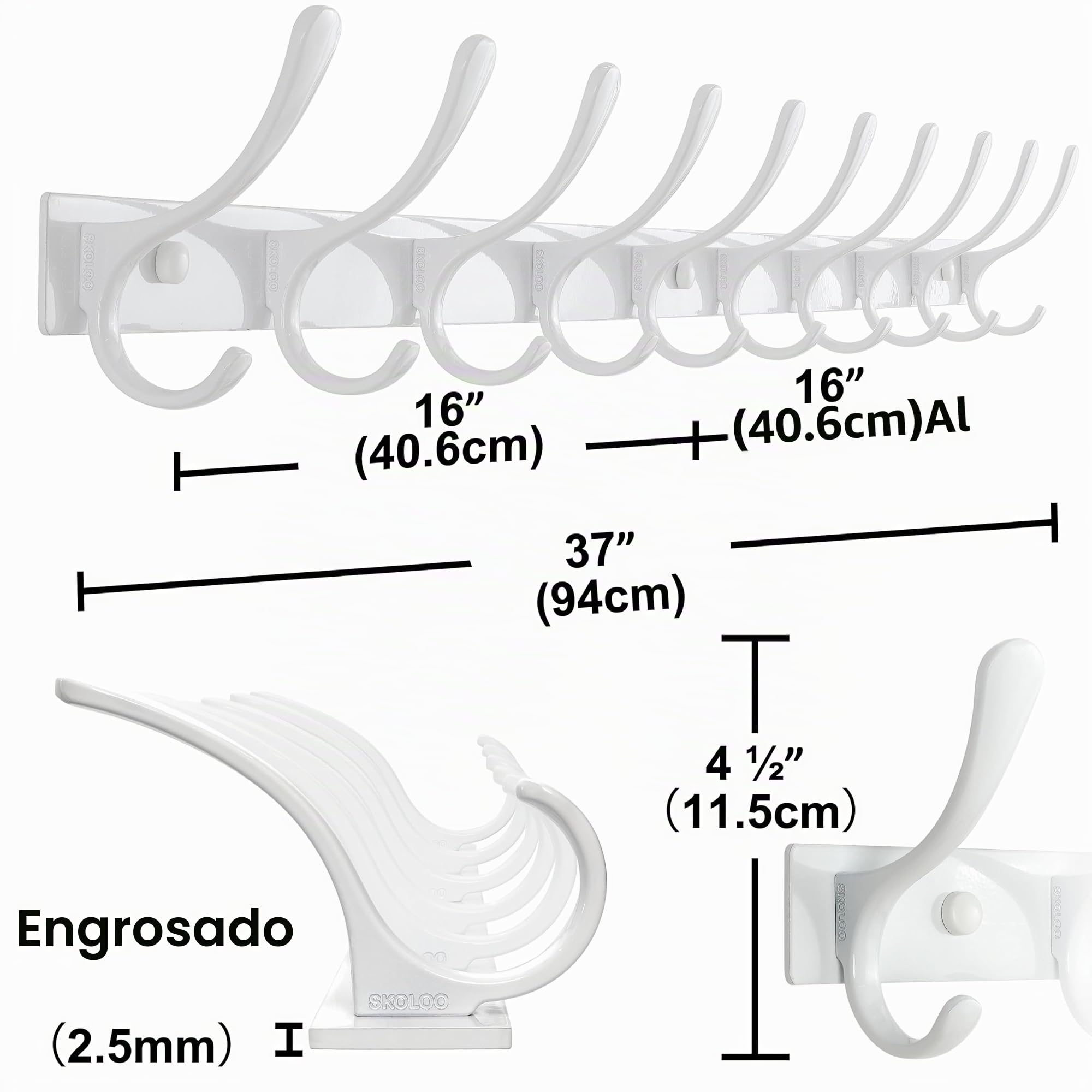 SKOLOO Perchero de Pared Montado - Resistente, 10 Ganchos, Acero Inoxidable, Colgador de Pared de Metal, Ganchos Resistentes para Colgar Abrigo, Chaqueta, Ropa, Sombrero, Blanco