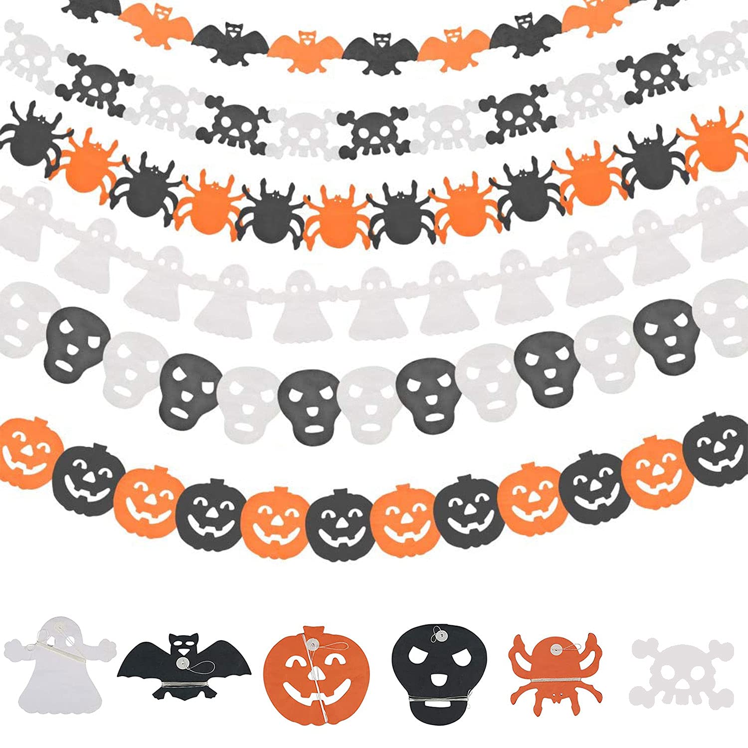 6-piece Halloween decorative banner, Halloween wreath, pumpkin, ghost, bat, spider and skeleton banner, Halloween party garden