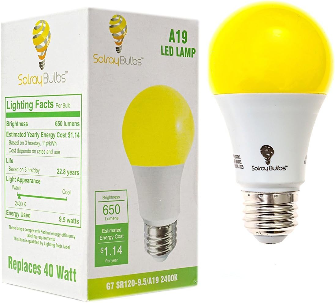 Yellow LED Bug Light Bulb Outdoor 650 Lumens Medium Base LED 9.5 Watt Outdoor Indoor Bug LED Warm Yellow Light Bulb 2400k (1Pack)