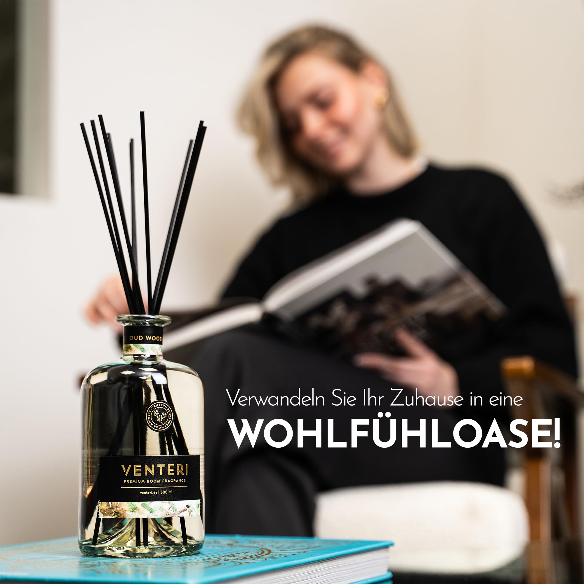 Venteri Montana Diffuseur de parfum d'ambiance 500 ml, avec 8 bâtonnets parfumés et élégant désodorisant, parfum d'ambiance et parfum de bain, agrumes naturels et notes de bois pour le désodorisant à