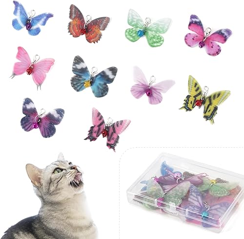 Miniatura 10 de SONGWAY Cat Teaser Wand Toy – Juego de 10 piezas de juguete de plumas de insectos y gatos con varita retráctil y recambios de plumas con campana