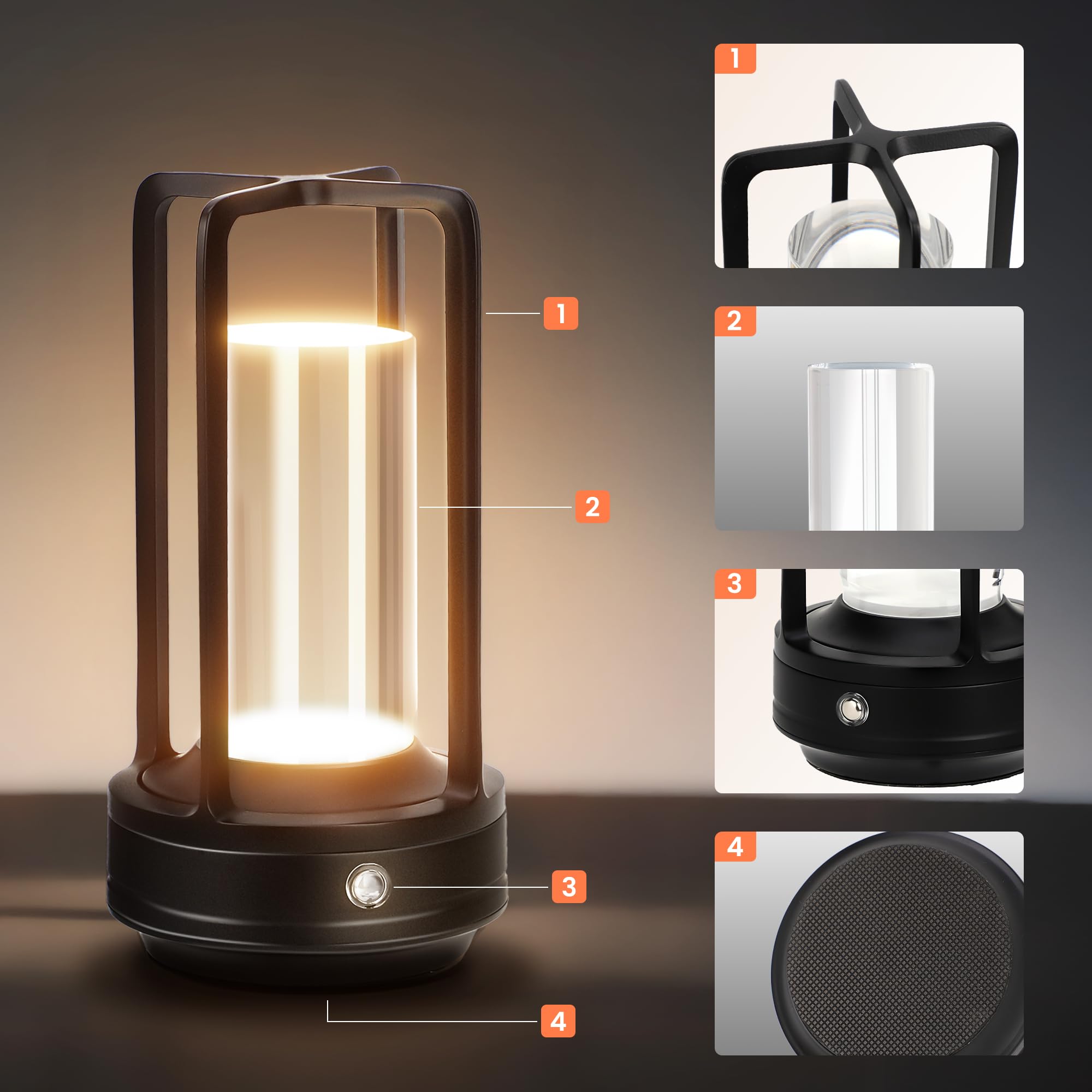 Tischlampe Aus Metall – Kabellos, 18 H Akku, 3 Lichtfarben, Dimmbar, Wasserdicht, Für Innen & Außen