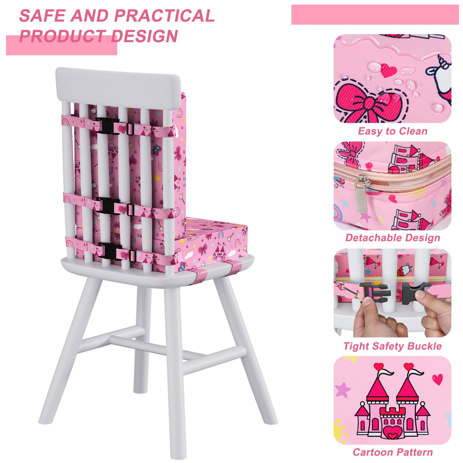 Capslpad Coussin rehausseur pour table à manger avec dossier, fond antidérapant et ceinture de sécurité réglable, imperméable, 10 cm d'épaisseur, motif dessin animé, amovible, lavable, portable - Rose
