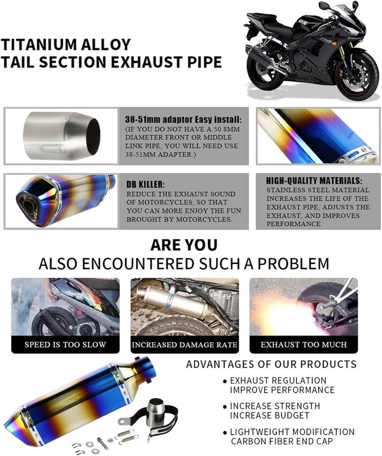PACEWALKER Motorcycle Slip On Muffler, 1.5-2" Universal Motorcycle Exhaust with Removable DB Killer for Street/Sport Motorcycles and Scooters, Dirt Bike ATV Street Bike 38-51mm Inlet(Grilled Blue)