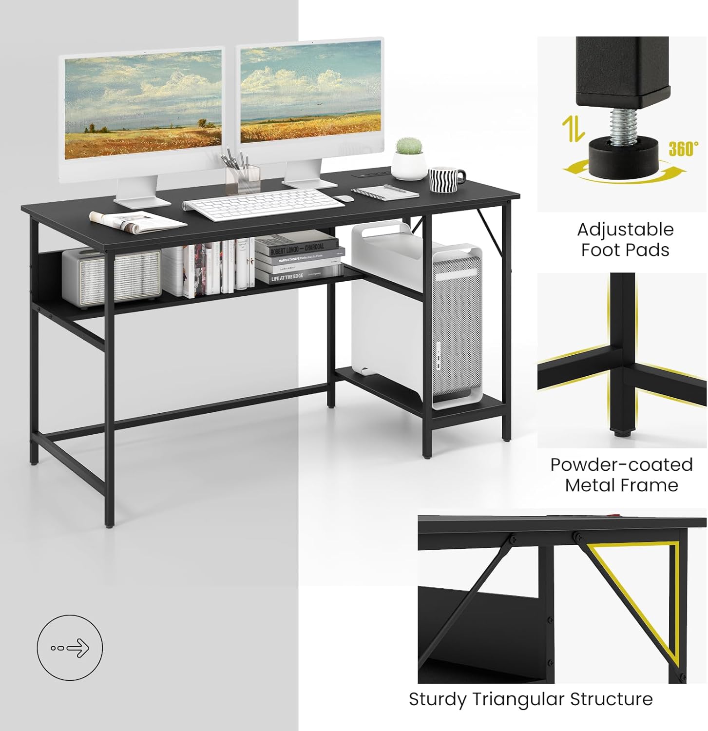 55’’ Computer Desk, PC Gaming Desk with Power Outlet & USB Ports, Large Home Office Desk with Storage Shelves & Steel Frame, Industrial Study Desk for Bedroom (Black)