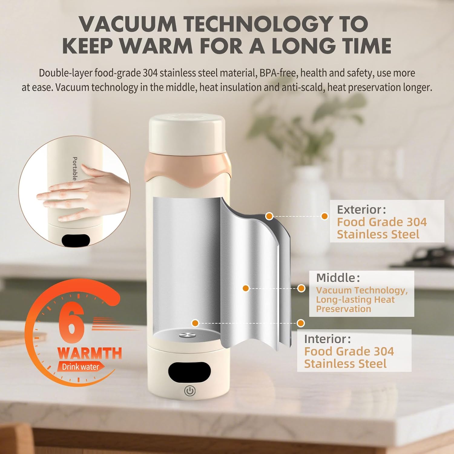 Vacuum-Insulated Electric Kettle, 304 Stainless Steel Inner Portable Water Boiler for Hotel, Office, Dormitory - 4 Adjustable Temperature and Automatic Shut-off with Kettle Bag