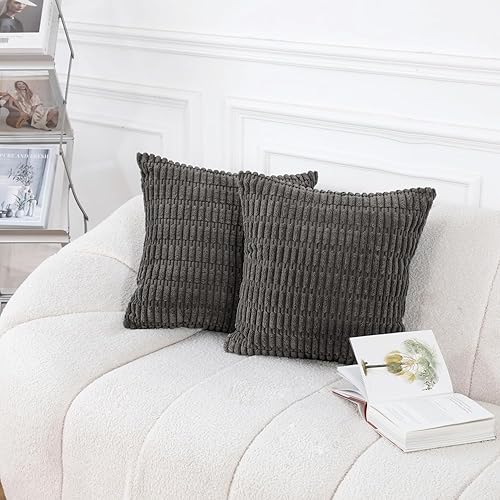 Miniatura 2 de HWY 50 Juego de 2 fundas de cojín decorativas de pana gris oscuro de 16 x 16 pulgadas para sofá, sala de estar, cama, fundas de cojín suaves y lisas