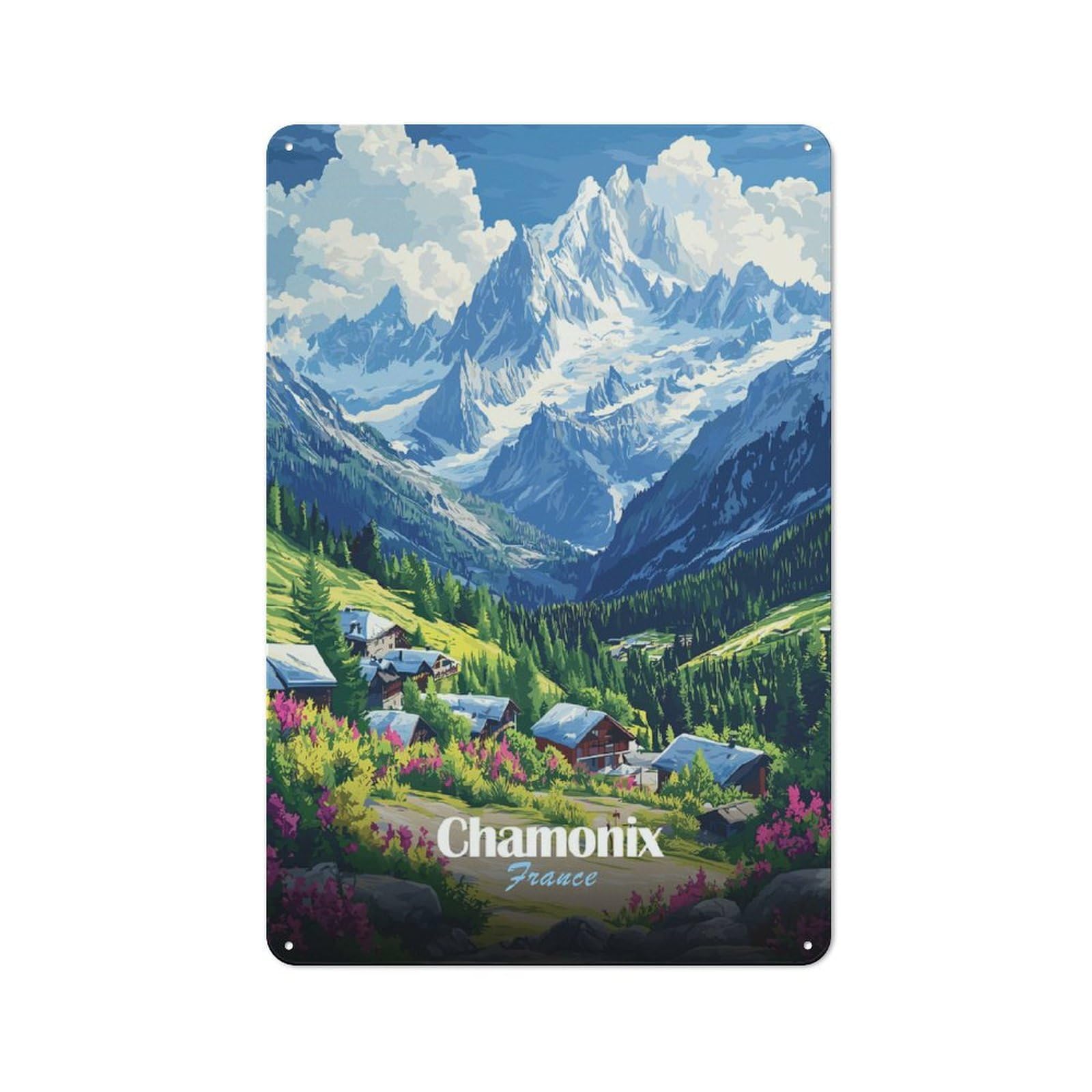 Chamonix Mountain Village Warehouse Style Metal Wall Decor 30x20cm, Metal Wall Sign for Workspace, Cafe, Hallway Or Garage