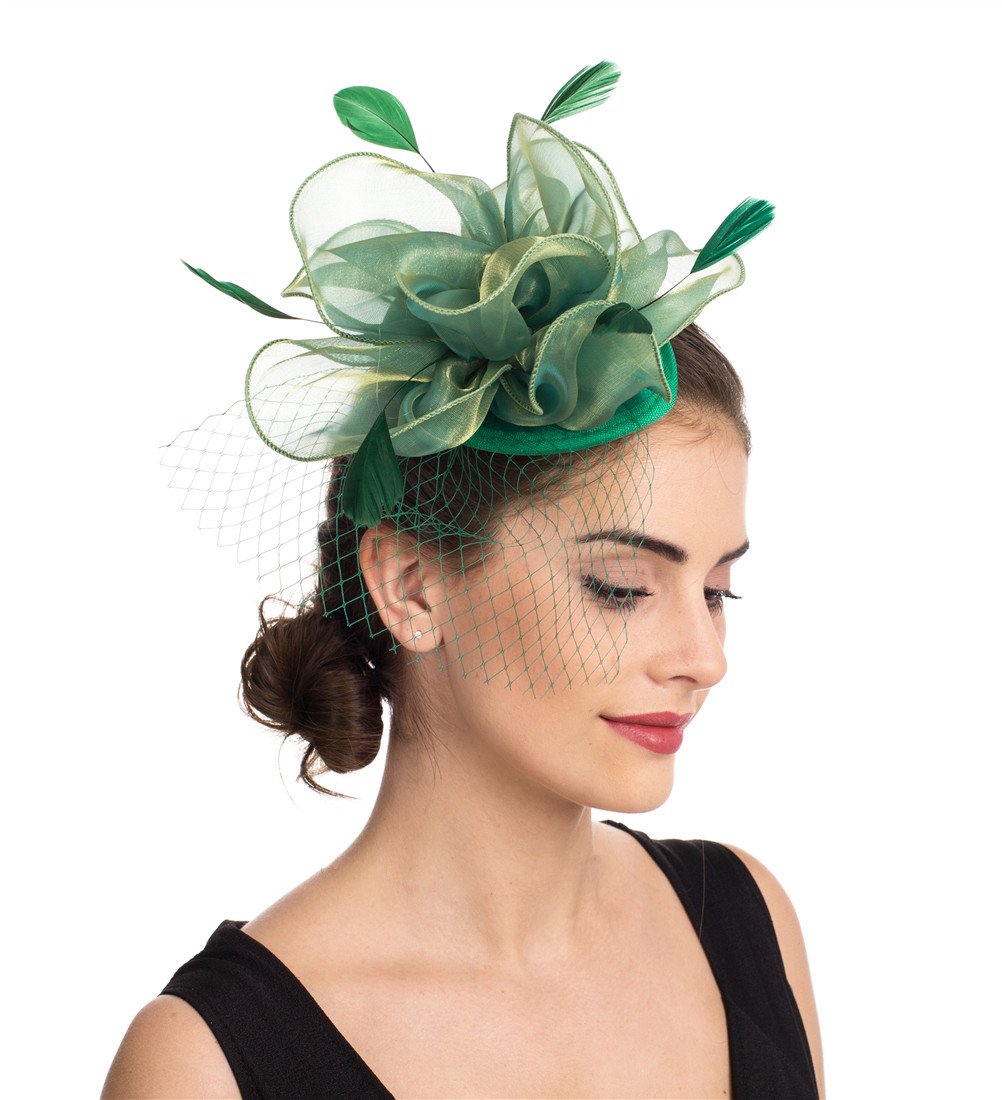 Saferin Fascinator Hat Feather Mesh Net Veil Party Hat Flower Derby Hat with Clip and Hairband for Women - Green - M