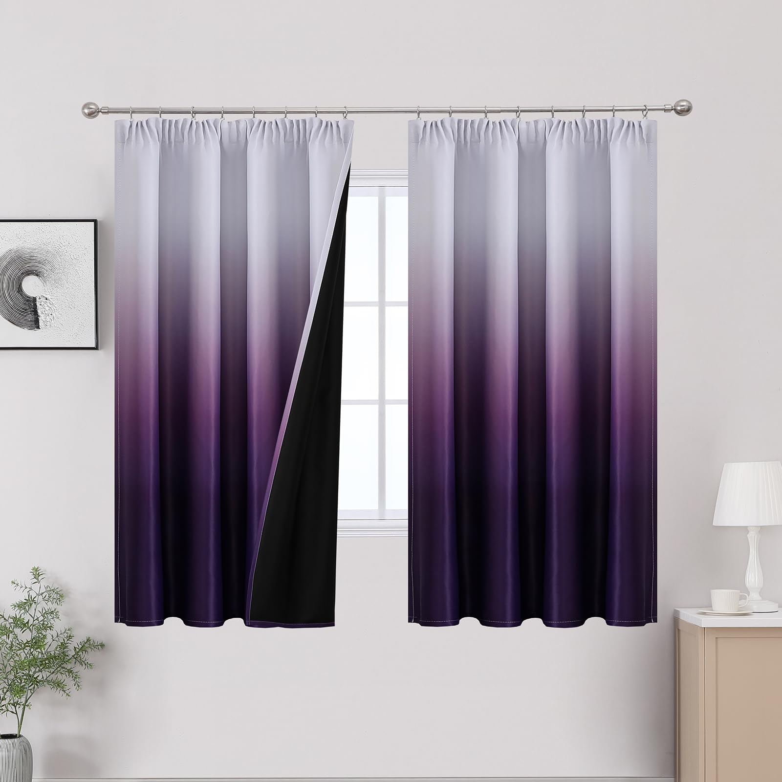 VEHEDE Thermal Insulated Ombre Curtains for Bedroom Noise Reduction Gradient Purple and White Drapes with Pencil Pleat Blackout Room Darkening Curtain