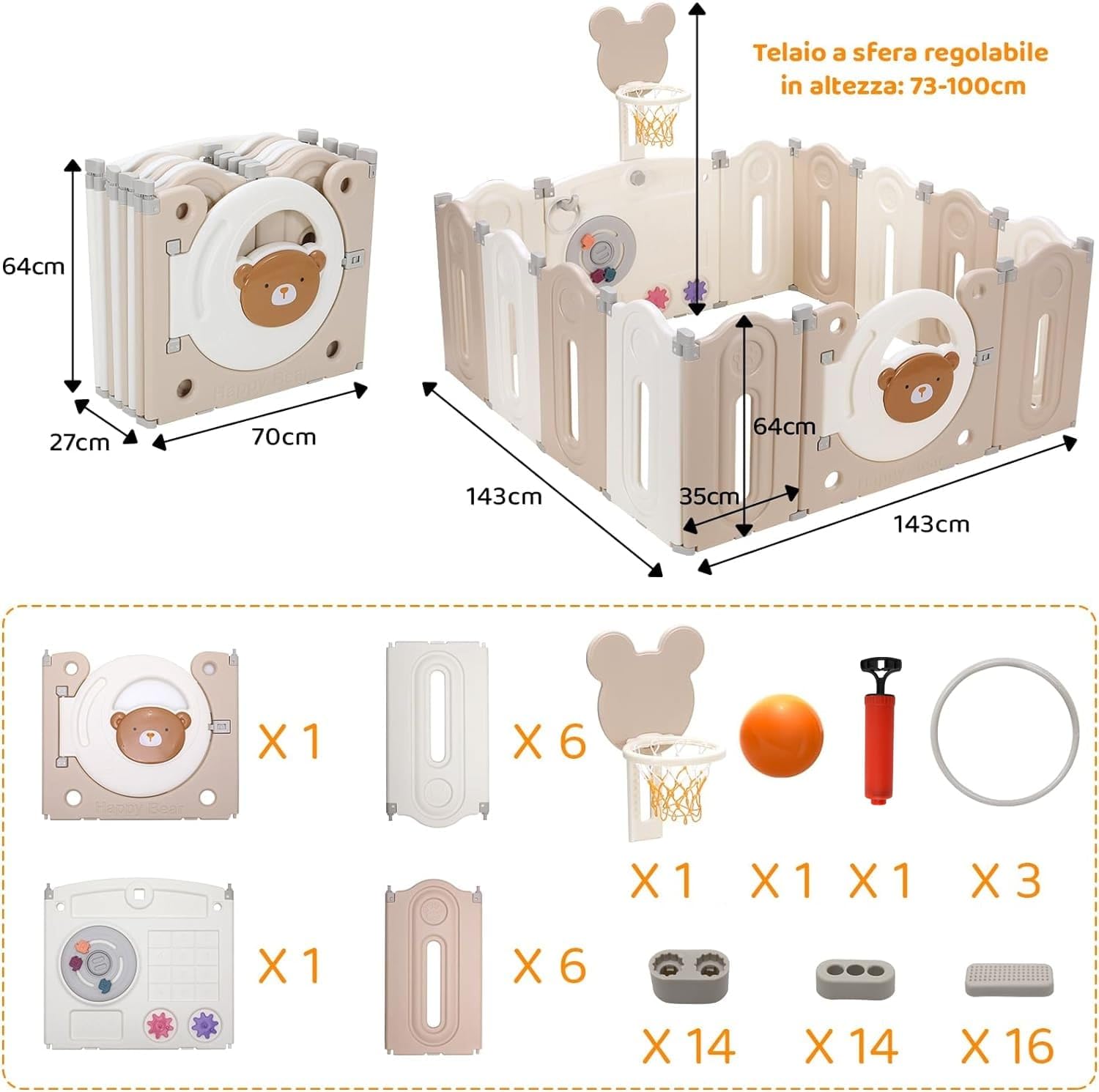 MAMIZO Box Bambini Pieghevole, Forma Regolabile, Materiale HDPE Atossico | Recinto per Bambini 143x143x64cm con 12PCS Modulo, Box Neonato, con Canestro da Basket, Pallacanestro e Tavola per Giocattoli