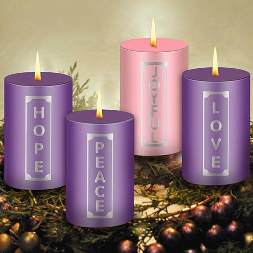 Miniatura 6 de MTLEE Juego de 4 velas de Adviento de Navidad con palabras, velas de pilar de Adviento para adultos, anillos de adviento de boda, coronas,