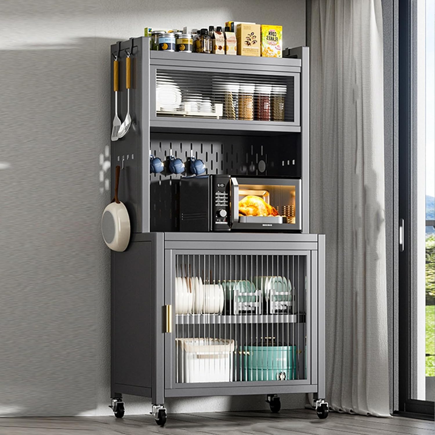 Bakers Rack with Storage, 5-Tier Metal Shelving, Standing Baker's Racks with Rolling Wheels, DIY Backplane Creative - for Garage Pantry Home Kitchen Spices (Color : Gris, Size : L-47CM/16.5IN)