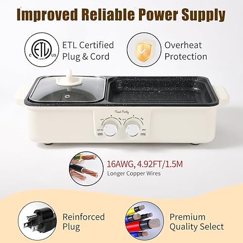 Miniatura 5 de Food Party Parrilla eléctrica 2 en 1, parrilla coreana para barbacoa interior sin humo, olla eléctrica Sahabu Shabu Pot antiadherente (grande)