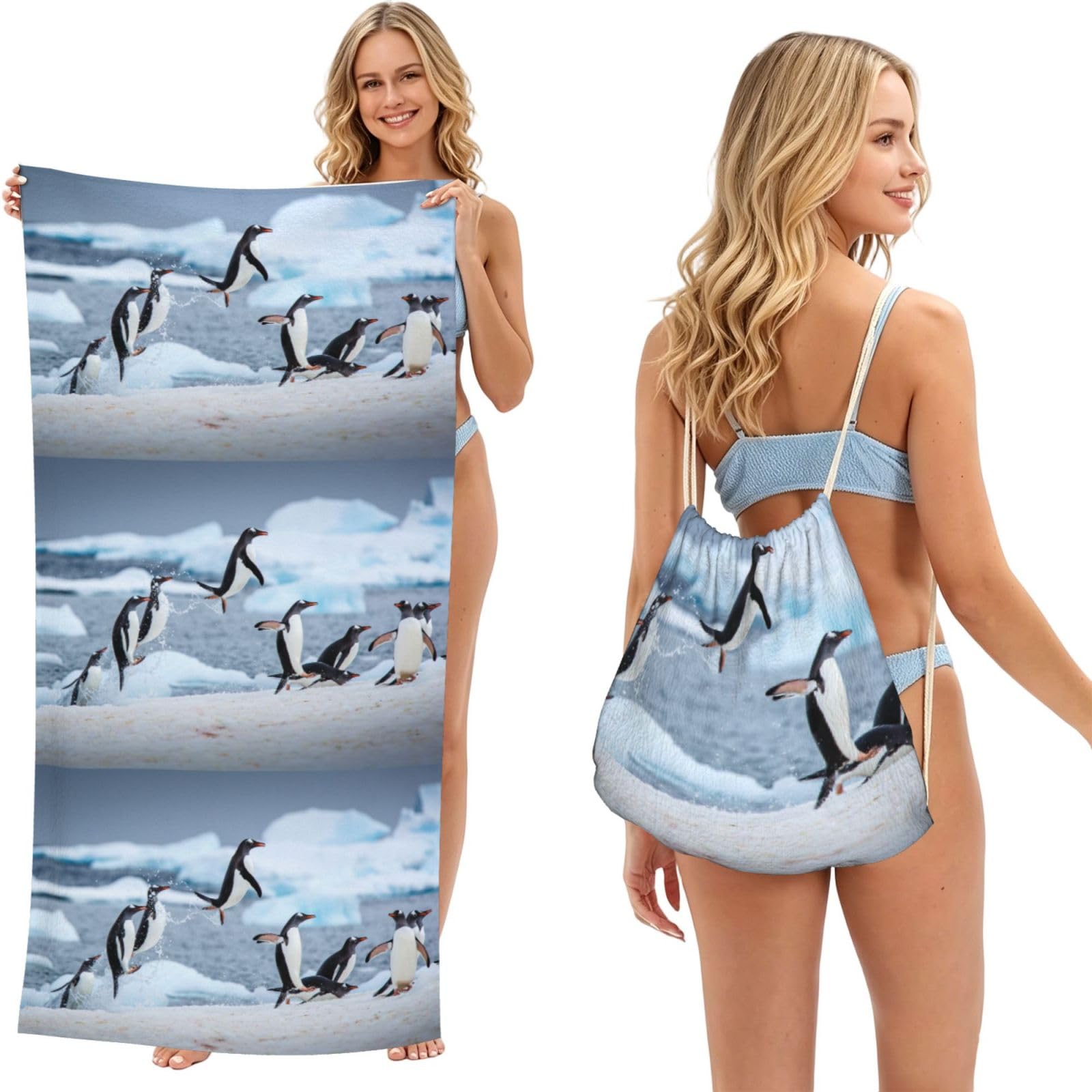 Poadnly As Picture Penguin, 2 In 1 Packable Towel Bag, Beach Towels With Drawstring Backpack For Travel Holiday Camping