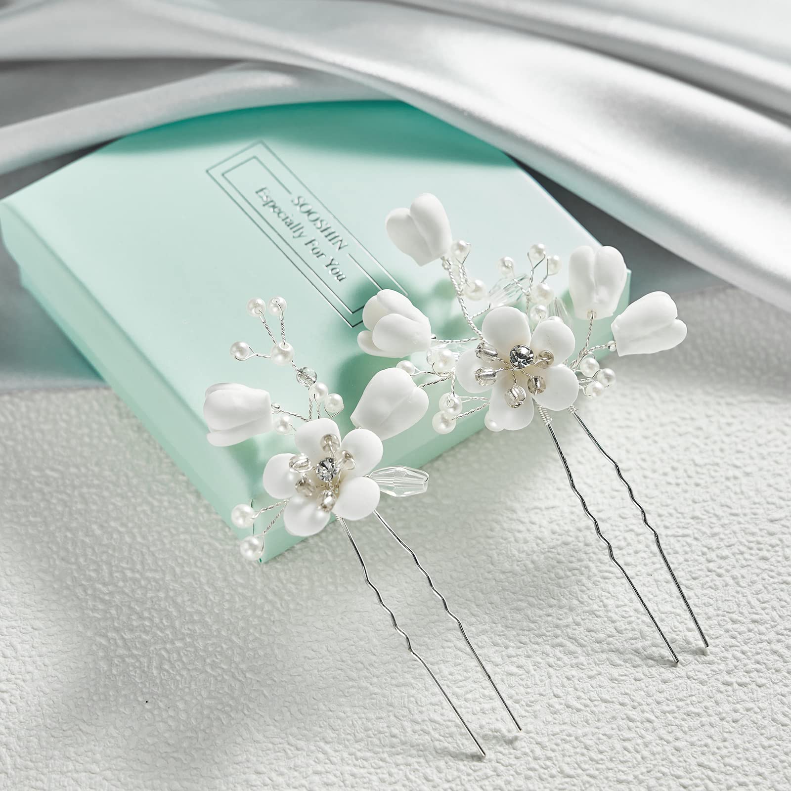 2 Forcine Per Capelli Da Sposa In Porcellana Con Perle E Strass - Accessorio Per Acconciature Matrimoniali, Regalo Per Damigelle (Argento-C)