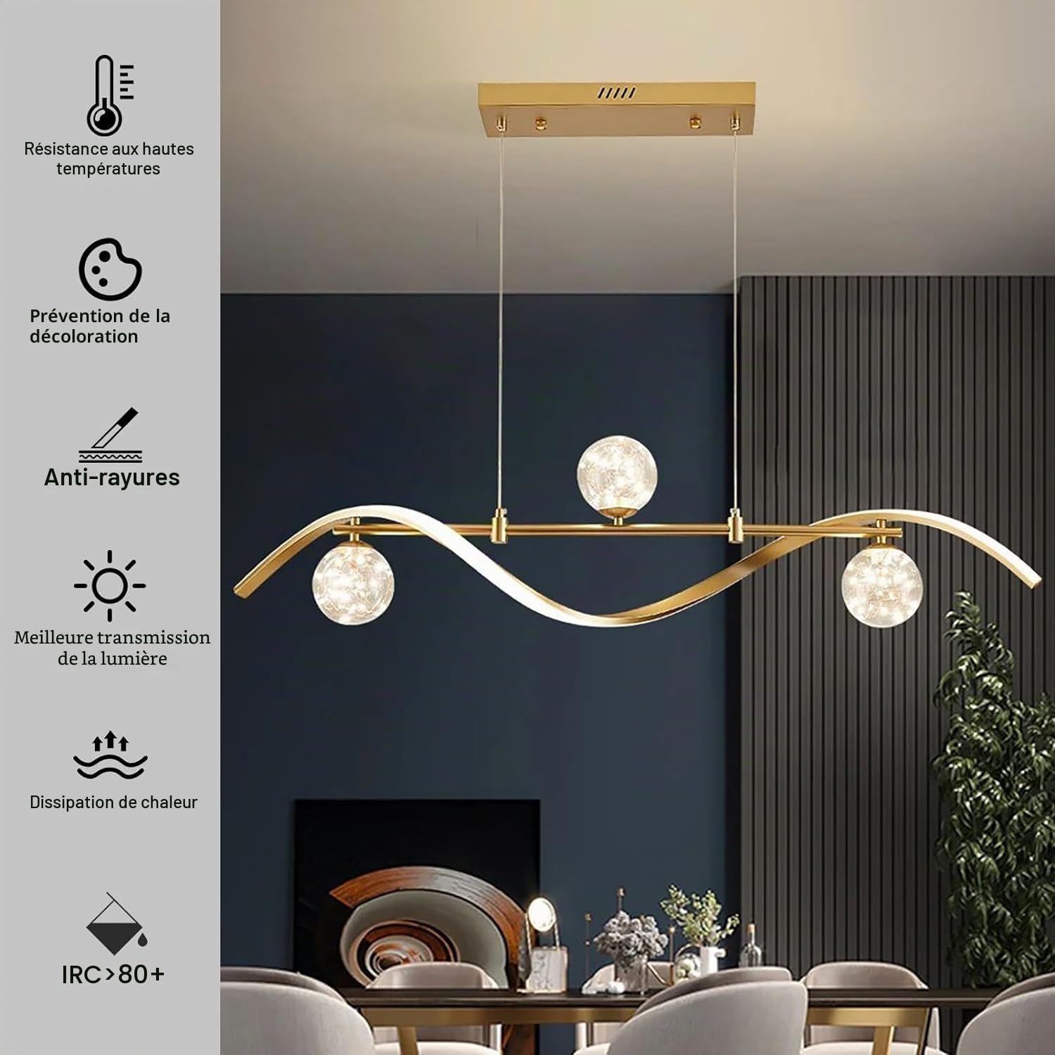 Suspension LED moderne linéaire hauteur réglable salle à manger lustre dimmable style nordique abat-jour en verre lampe suspendue 3000-6000K plafonnier table à manger salon bar café lampe(Gold)