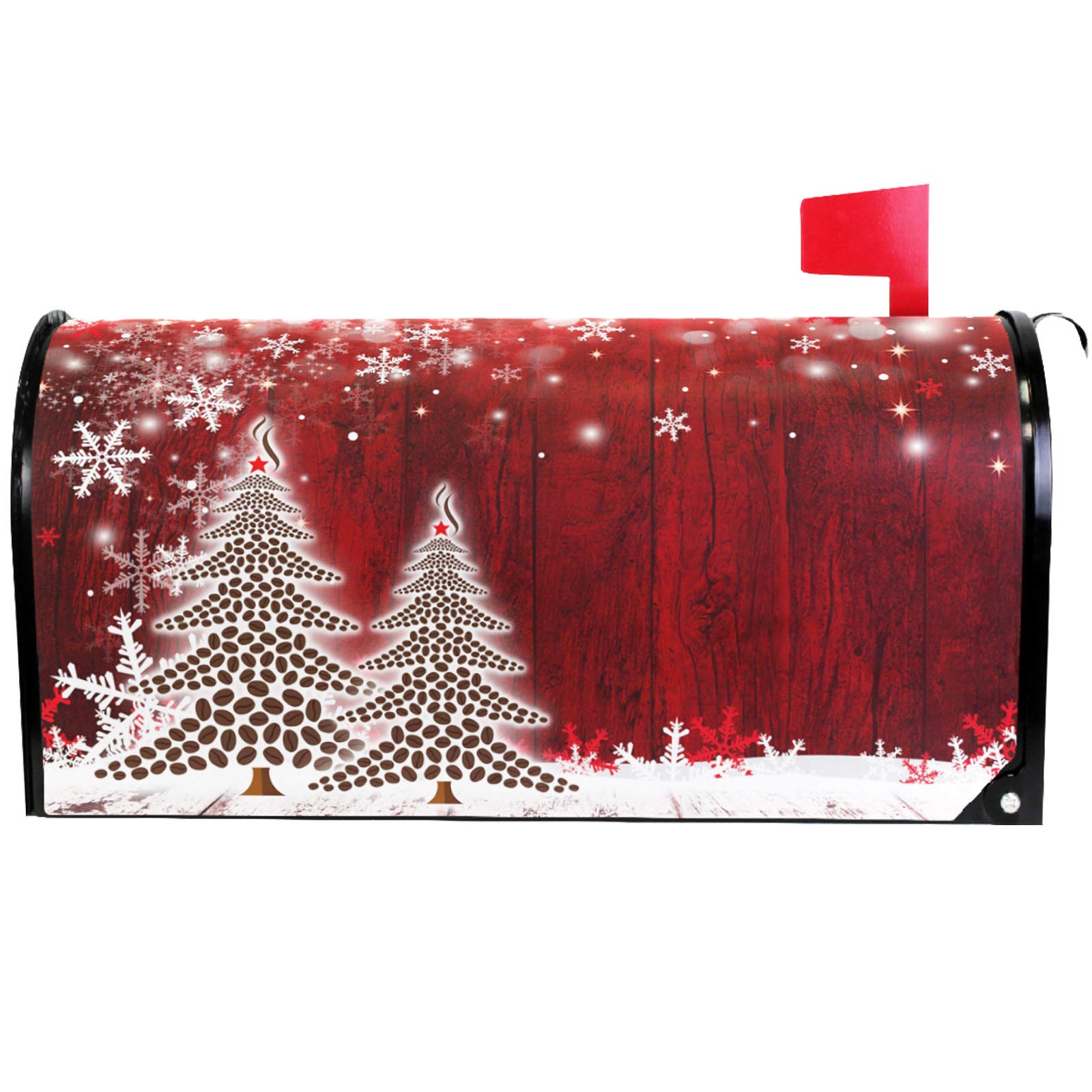 Wamika Merry Christmas Tree Winter Snowflake Pine Mailbox Covers Large Red Christmas Tree Wood White Snow Magnetic Mail Wraps Cover Letter Post Box Oversized 25.5" L X 21" W