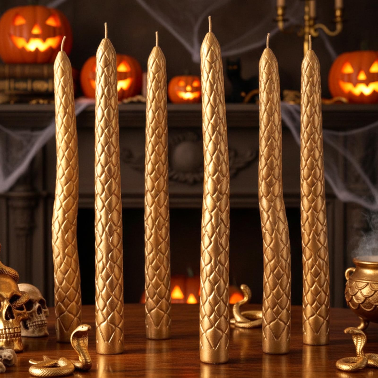Nuanchu 6 Pcs Halloween Taper Candle Gold Snake Candles for Gothic Decor