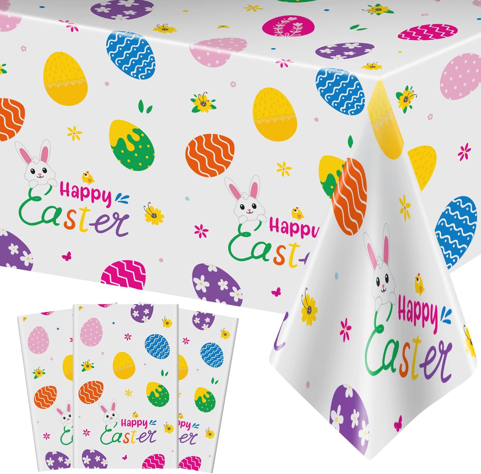 3 Pcs Easter Tablecloth-Happy Easter Bunny Table Cover, Disposable Plastic Rectangle Easter Colorful Eggs Table Cloth for Spring Easter Day Table Decorations and Party Supplies, 54 x 108 Inch