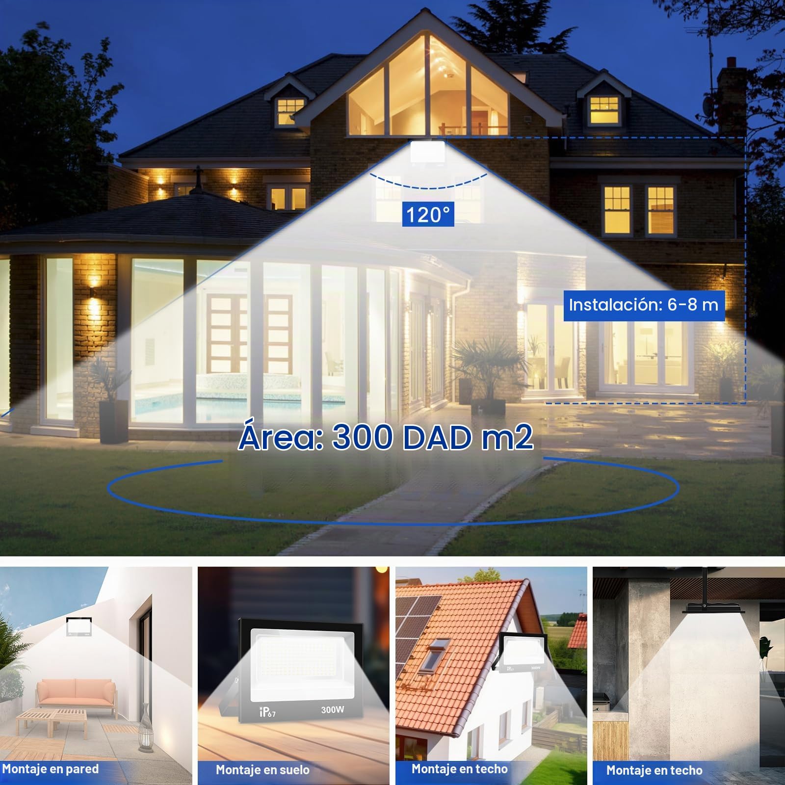 300W Focos Led Exterior,30000LM Foco Proyector,7000K Blanco Frío Foco,IP67 Impermeable Super Brillante Proyector Exterior para Garaje,Terraza,Jardín,Patio