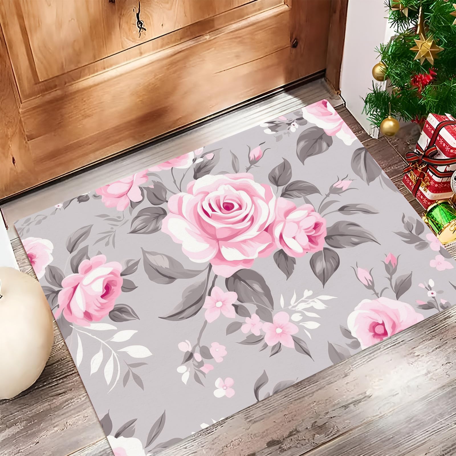 Paillasson Intérieur 90x150cm Gris à Motif Fleurs et Feuilles pour Entrée