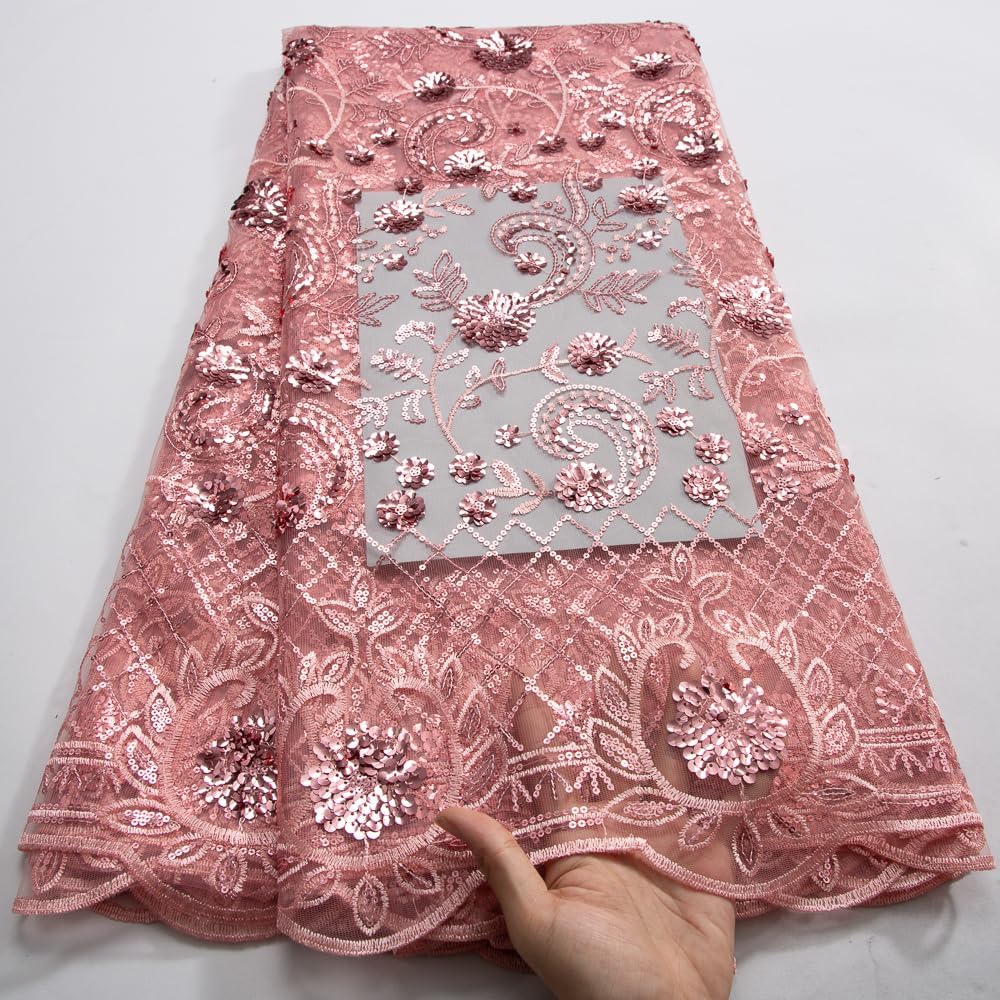 African Lace Fabric with 3D Sequins & Crochet, 5 Yards French Tulle Embroidered Fabric for Wedding Dress, Party Gown, Everyday Sewing Projects (Pink)
