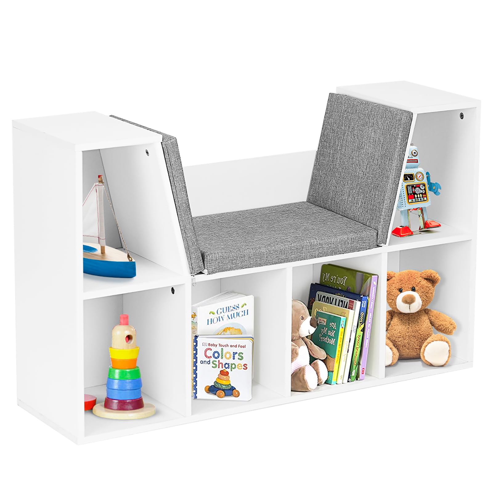 HOMASIS Librería Infantil con Cojines, Estantería para niños, portalibros y portajuegos de Madera, Estantería Almacenamiento con Banco para Dormitorio, habitación Infantil, 103x30x63cm (Blanco)