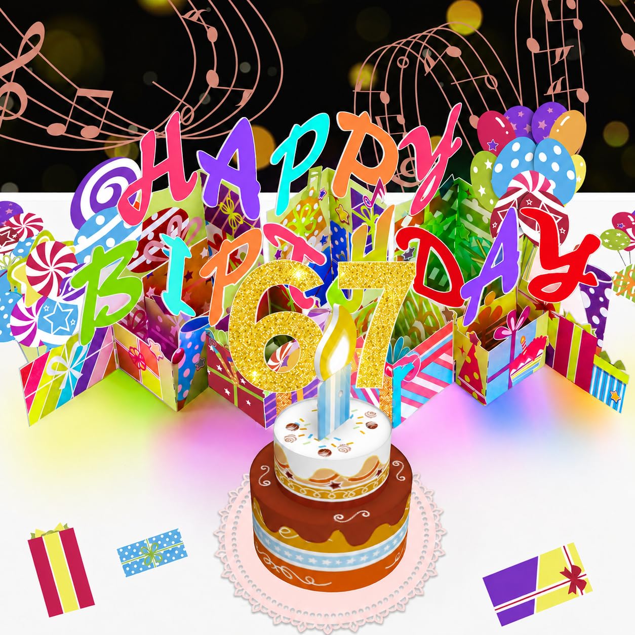 67th Pop-Up Musical Birthday Card, Blowable LED Candle for Women and Men