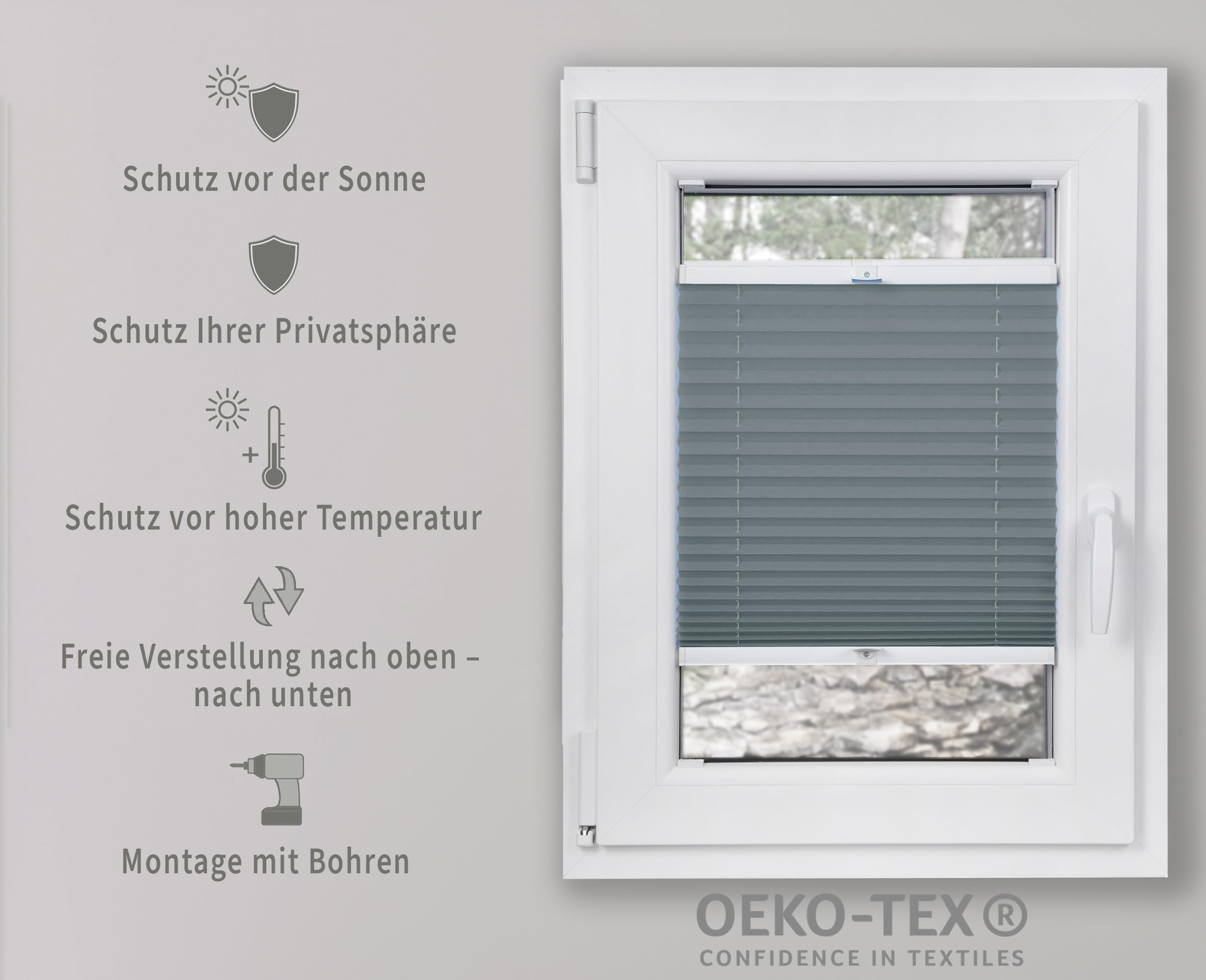 Plissee Thermorollo Faltrollo nach Maß Breite 120-160 cm Höhe 120-219 cm 24 Farben Rollo für Fenster und Tür mit Bohren Fensterjalousien guter Sichtschutz und Sonnenschutz mit Farbmuster