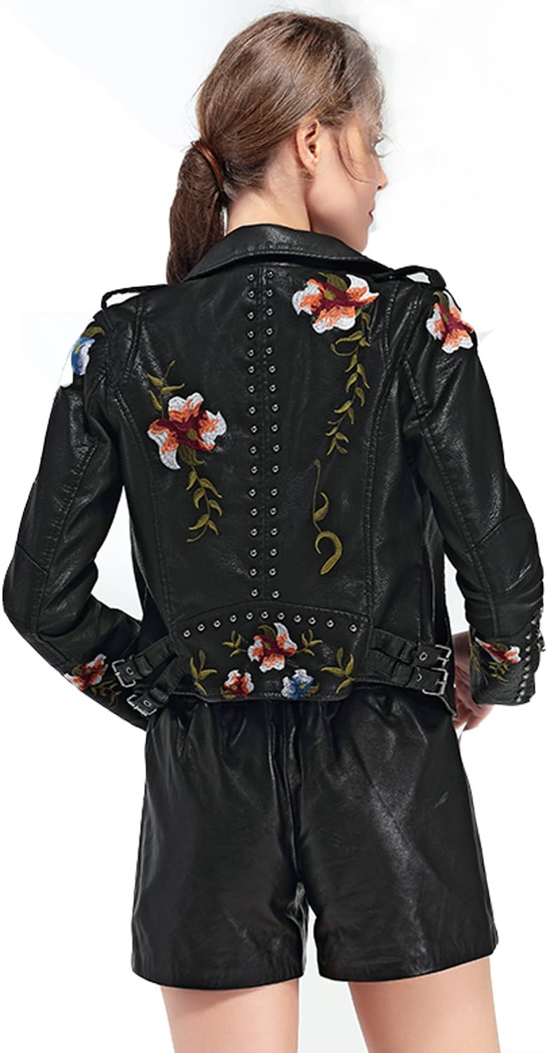 LY VAREY LIN Women's Floral Embroidered Faux Leather Moto PU Jacket Coat - Image 5