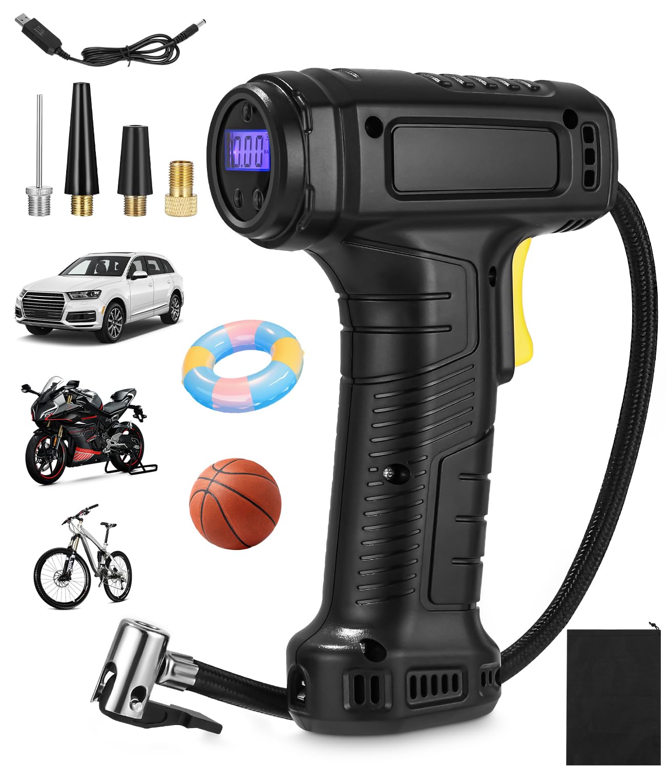 Elektrische Luftpumpe, Autoreifen pumpe mit Digitalanzeige,Notlicht,150PSI Elektrischer Kompressor,USB-C wiederaufladbar,elektrische fahrradpumpe,Elektrische pumpe für Auto,Motorrad,Fahrräder,Bälle