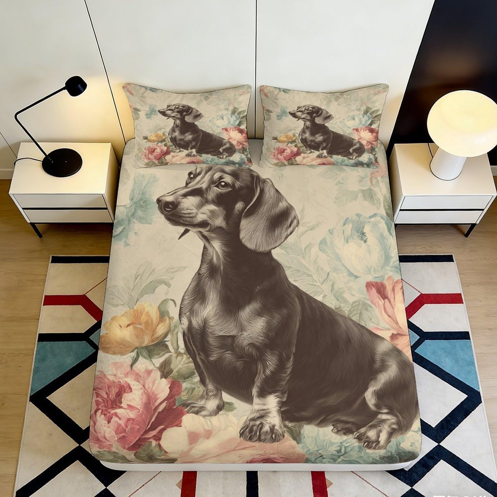 3D Printed Dachshund Floral Fitted Sheet Microfiber Deep Pocket Non-Slip Dachshund Mattress Fitted Cover for Bedroom Bedding 200x200x25cm