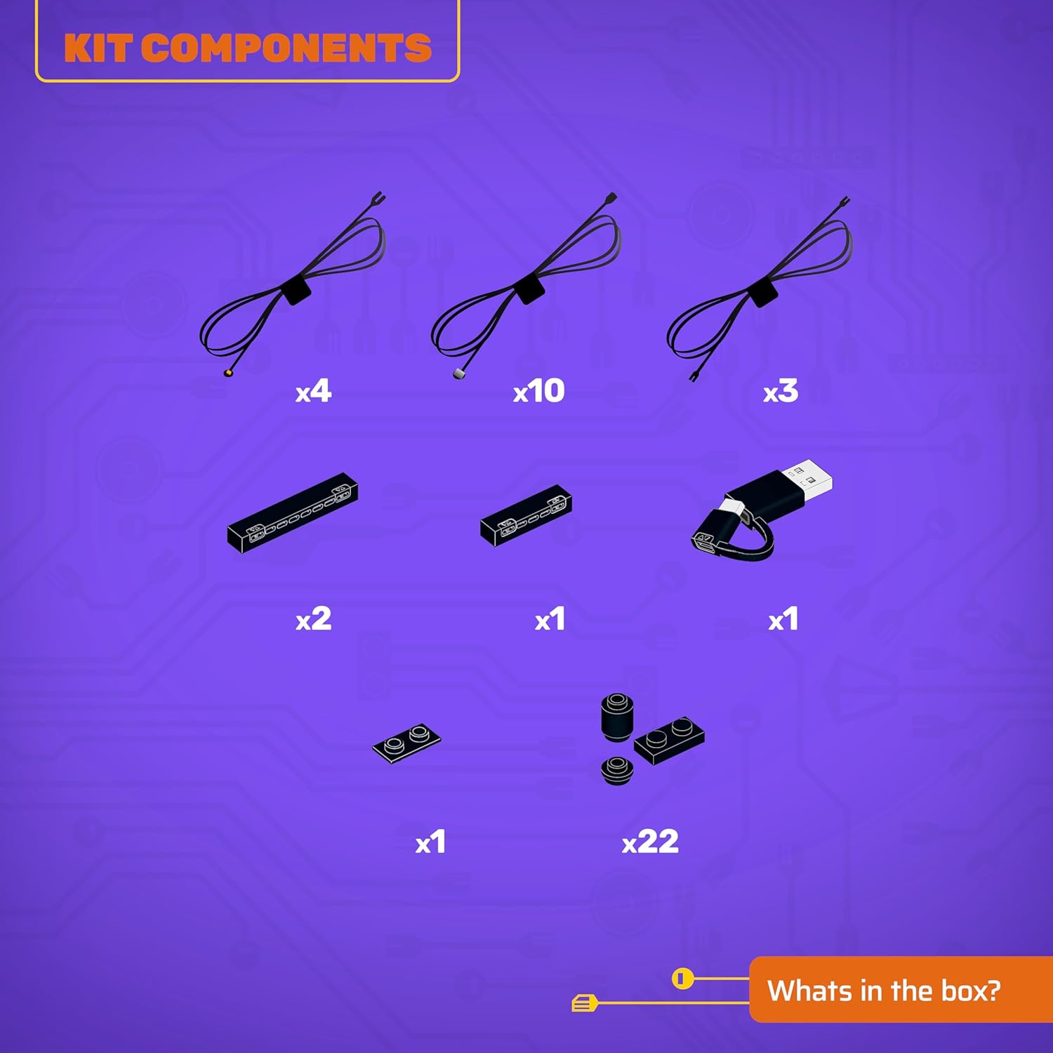 Diagram showing all components included in the Light My Bricks 2.0 Light Kit.