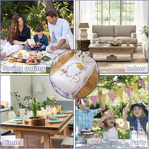 Miniatura 7 de SASTYBALE Mantel rectangular de porcelana azul y blanca de Navidad de 60 x 84 pulgadas, poliéster resistente a derrames y manchas para bufé de