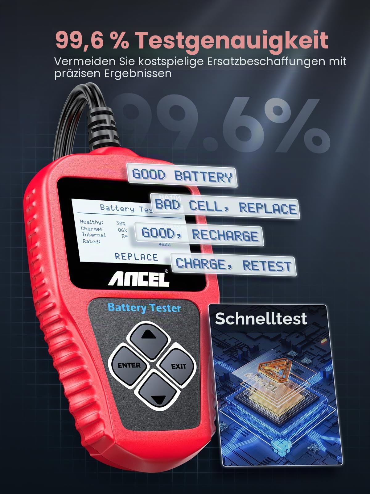 ANCEL BA101 12V KFZ Batterietester, 100-2000 CCA Autobatterie Tester | Autobatterieanalysator, Anlasstests & Ladetests durch, Batterie Lasttester für Auto LKW SUV Boots & Mehr