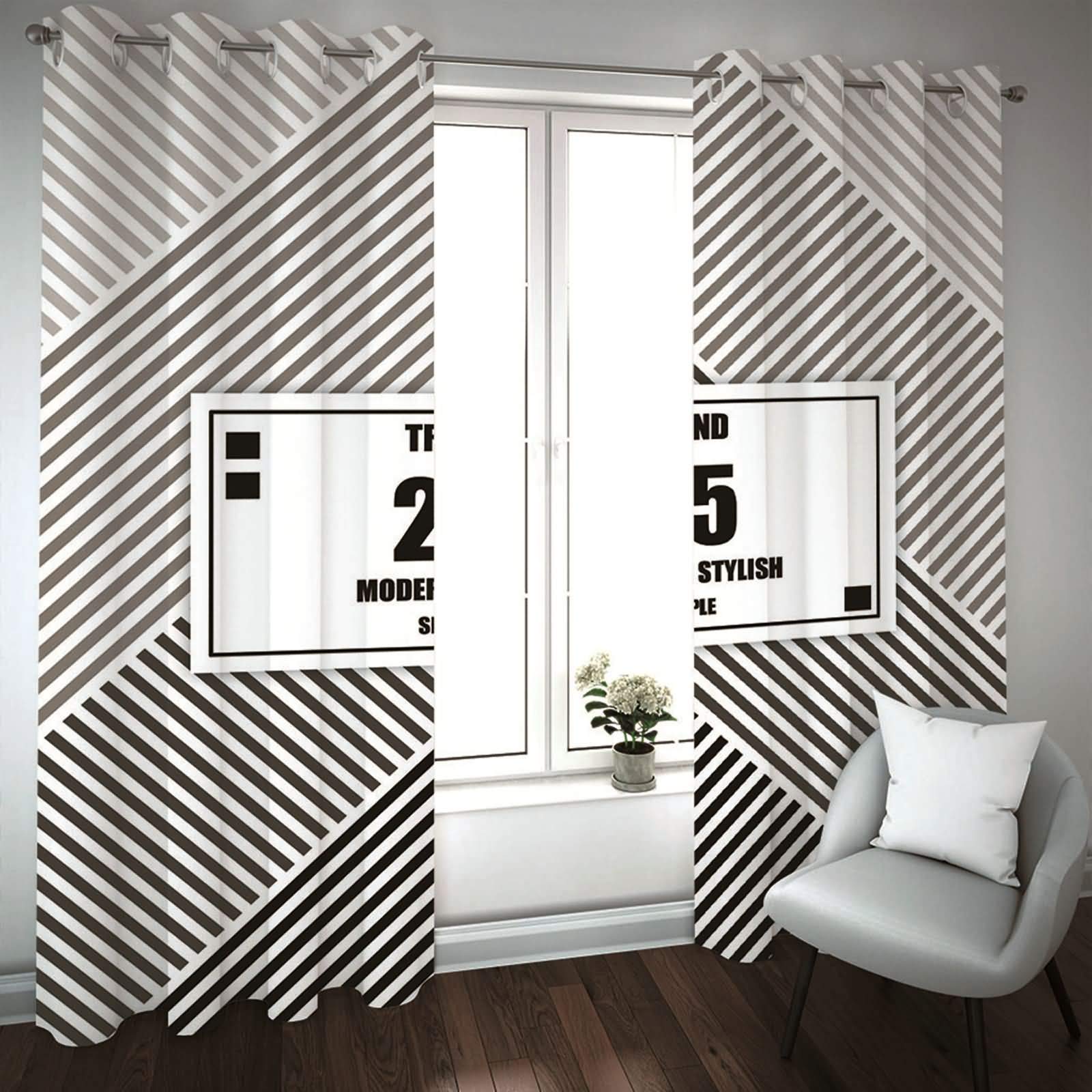 Zasłony do sypialni, 2 zestawy paneli, 2 x 52 x szer. 244 cm wys., zasłony do sypialni zaciemniające szaro-białe czarne geometryczne i paski zasłony przelotkowe