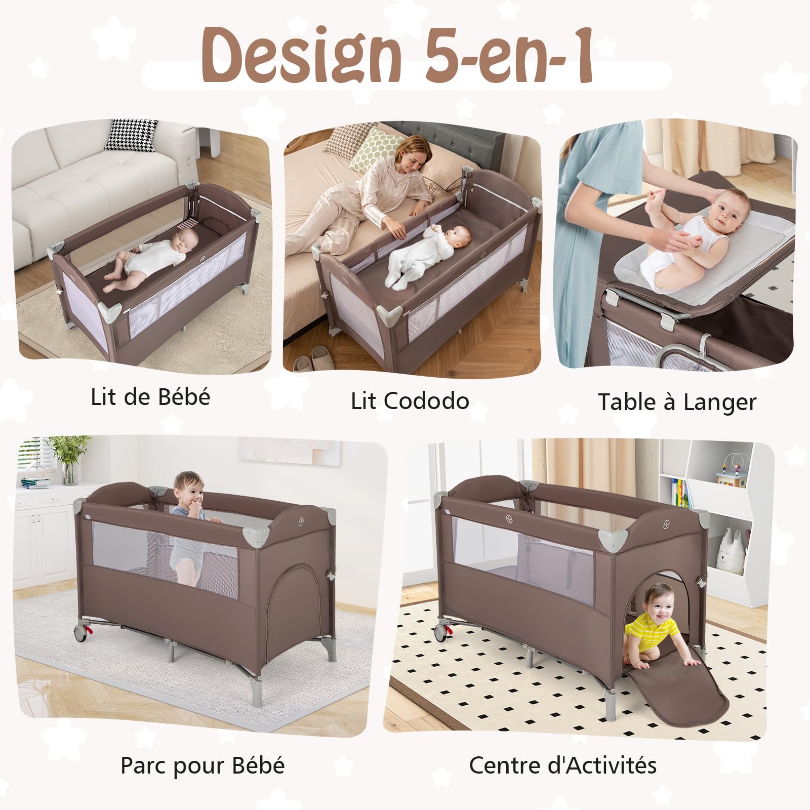 DREAMADE Lit Parapluie Bébé avec Matelas,5 en 1 Lit Cododo 125x65x76CM Tout-Petites 0-3 Ans avec Porte-Couches,Roues Verrouillables,Musique,Jouets Suspendus,Table à Langer,Sac de Transport (Marron)
