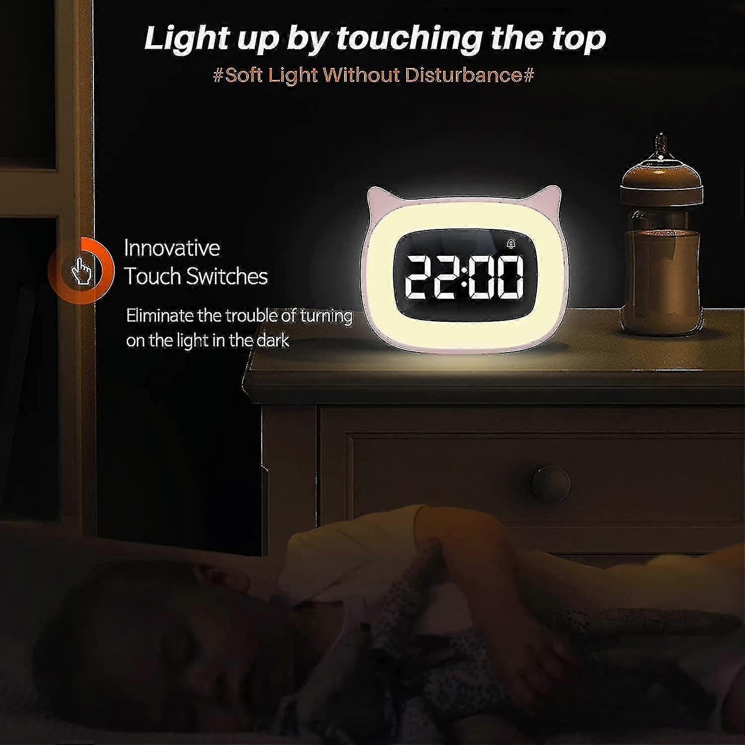 Kinderwecker mit Nachtlicht, stufenloses Dimmen, niedliche Katzenohren, Digitaluhr für Jungen und Mädchen, mehrfarbig optional