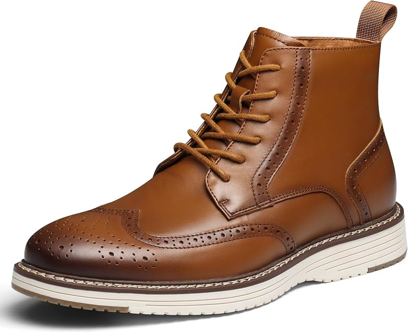 Mens Dress Boots, Genuine Leather Brogue Wingtip Mens Casual Oxford Boots with Side Zipper, Comfortable Formal Lace Up Chukka Ankle Boot for Men