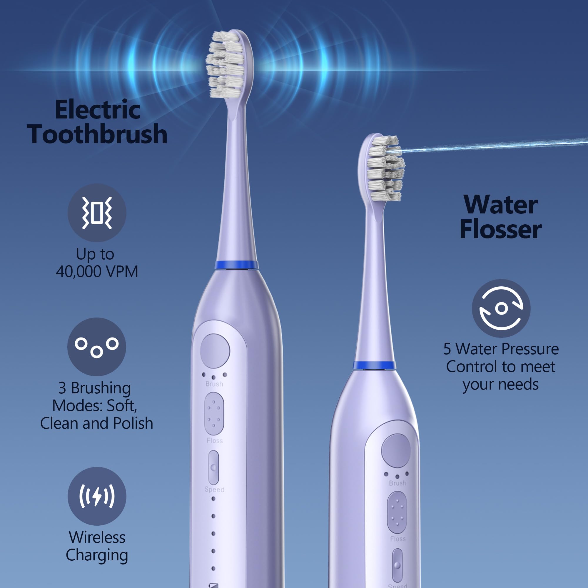 Cepillo de dientes eléctrico con hilo dental combinado para cepillado de dientes y hilo dental, cepillo de dientes eléctrico sónico para adultos, hilo dental inalámbrico para el hogar y viajes