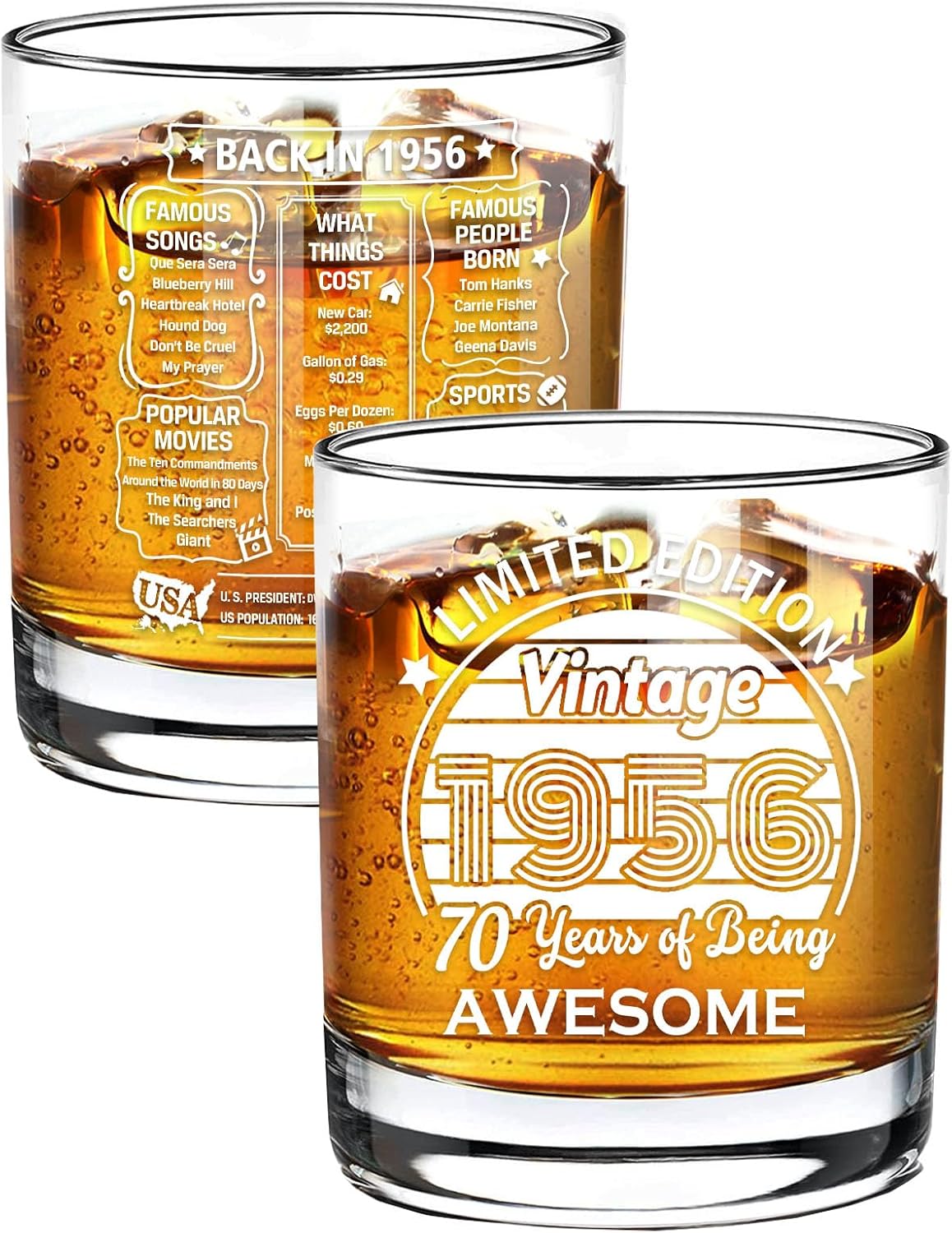 Old Fashioned Glasses-1956-Vintage 1956 old time information 10.25oz Whiskey Rocks Glass -70th Birthday Aged to Perfection - 70 years old gifts Bourbon Scotch Lowball Old Fashioned-1PCS