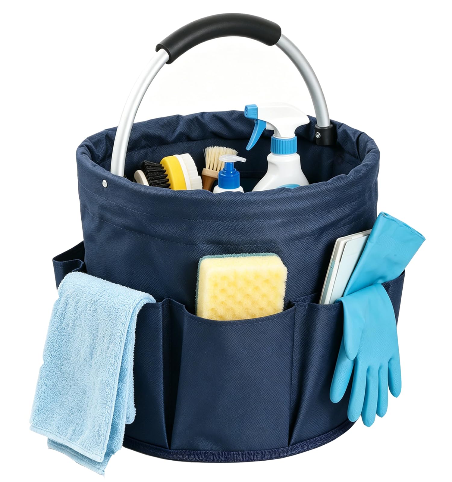 17L Cleaning Caddy with Handle, Portable Shower Caddy in 600D Oxford Fabric, Bucket Tool Organizer with 6 Side Pockets, Collapsible Storage Basket for Cleaning, Camping, Navy Blue
