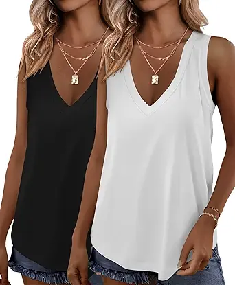 KKJ 2 Pack Womens Tank Tops Workout V Neck Tees Summer Sleeveless Loose Fit Casual Outfits Shirts Fall Fashion Clothes
