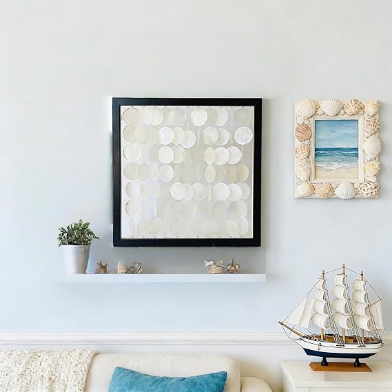 Capiz Shell Wall Hanging Decor, 16x16 Inch Handmade Coastal Wall Art with Black Wood Frame, Minimalist White Sea Shell Artwork for Living Room, Bedroom, Office, Beach House